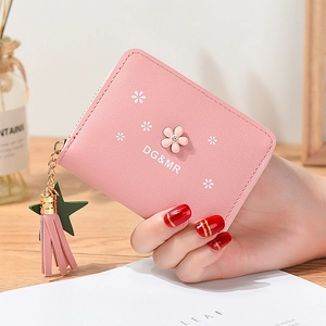 Pink floral leather mini wallet with zipper closure and star tassel pendant