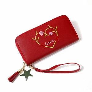Red long zip-around wallet with heart rose embroidery and tassel strap for women