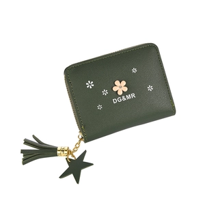 Minimalist dark green floral mini wallet with zipper closure and tassel pendant