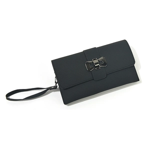 Black lychee pattern leather clutch bag with geometric bow metal buckle and wrist strap