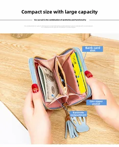 Detail of light blue leather wallet interior with card slots and rabbit zipper charm
