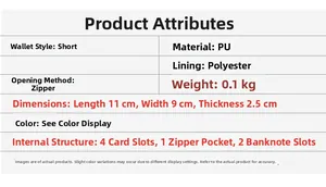 Detailed size and structure specifications for the short PU leather zipper wallet