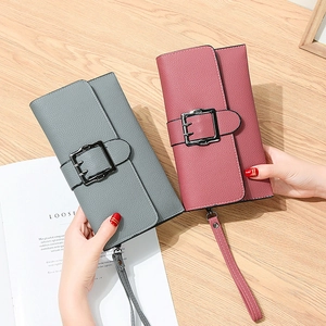 Litchi pattern leather long wallets for women in grey and wine red with wristlet
