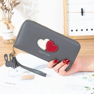 Blue long leather wallet for women with heart detail and Forever Young print