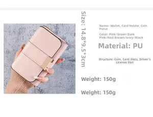 Detail view of pink PU leather wallet showing dimensions 14.8x9.5x3cm and card slots