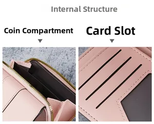 Internal layout of pink wallet featuring multiple card slots and a golden zipper pocket