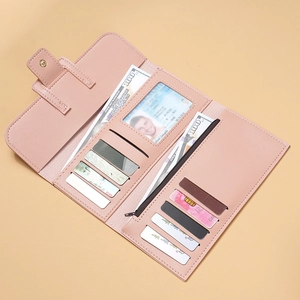 Pink trifold long wallet for women with multi-functional card slots and snap closure