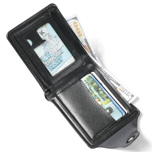Classic black bifold wallet for men featuring multiple card slots and an ID window