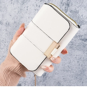 Detail of ivory white long wallet featuring vertical stitching and a gold clasp buckle