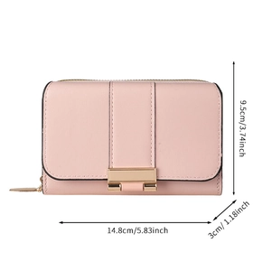 Pink faux leather multi-functional women's wallet with gold metal buckle and zipper