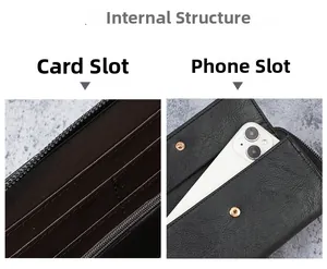 Detail view of the interior slots and mobile phone compartment in black leather clutch