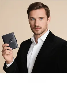 Close-up of elegant black leather wallet with silver snap button held by male model