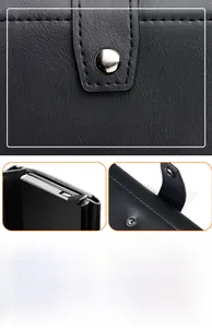 Close-up of black leather wallet texture with metal snap button and automatic card pop-up slot
