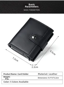 Detailed size chart for black leather trifold wallet with automatic card ejector lever