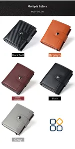 Close-up of trifold wallets in carbon fiber and smooth leather with snap button closure