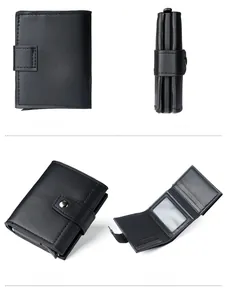 Detail view of black pebble leather tri-fold wallet with card slots and snap closure