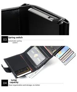 Detail of black leather wallet showing the automatic pop-up card slot and inner compartments