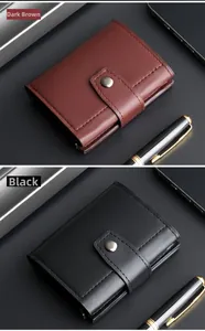 Detail view of compact trifold wallets for men in black and dark coffee leather textures