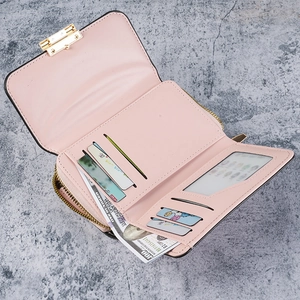 Pink PU leather multi-slot bifold wallet for women with gold hardware and large capacity