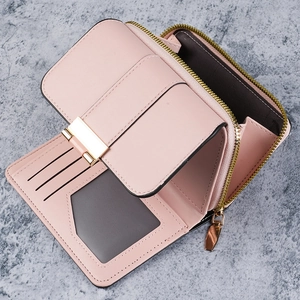 Pink faux leather short wallet with multi-card slots and a gold metal zipper pocket