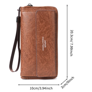 Men's brown faux leather business clutch bag with large capacity and wrist strap