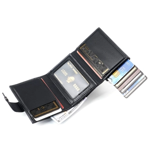 Men's tri-fold leather wallet with automatic pop-up card holder and bill compartment