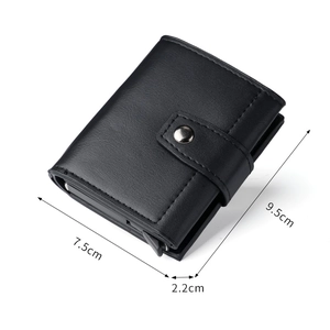 Black trifold leather wallet with automatic card slots and coin pocket, 9.5x7.5x2.2cm