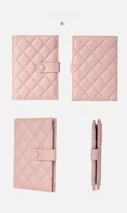 Detail view of pink quilted leather passport holder showing multiple angles and texture