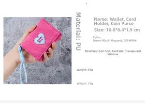 Detailed view of rose red PU leather wallet with dimensions 10.8x8.4x1.9cm and card slots