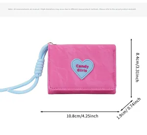Pink heart wallet dimensions detail showing 10.8cm length, 8.4cm height and 1.9cm thickness