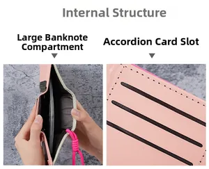 Pink minimalist wallet detail showing cash slot and accordion card compartments