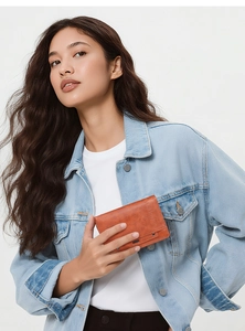 Brown vintage faux leather passport holder with embossed plane icon held by a model