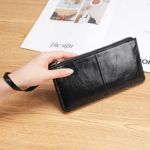 Women Long Zipper Wallet PU Leather Oil Wax Texture Large Capacity Clutch Bag With Wristlet Strap Multi Card Slots Fashion Purse