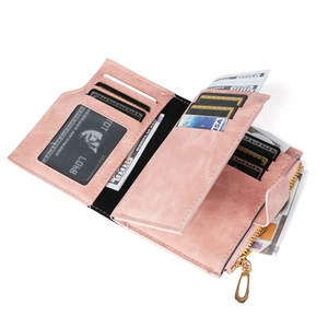 Pink matte leather folding wallet with multiple card slots and zipper coin pocket
