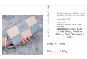 Detailed size specifications for pink and blue contrast PU leather long wallet and phone bag