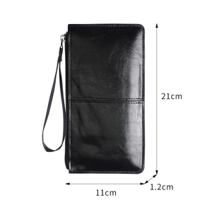 Black long wax leather wallet for women with wrist strap and size 21x11x1.2cm
