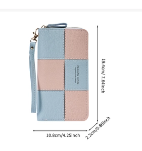Detailed size chart showing dimensions of the pastel patchwork long zipper wallet