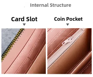 Detail view of large capacity wallet interior with card slots and a pink zipper pocket