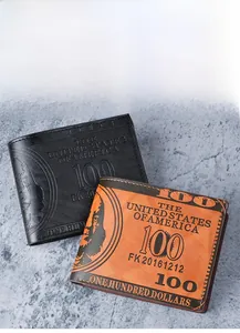 Detail of short bifold wallets for men with embossed US hundred dollar bill pattern