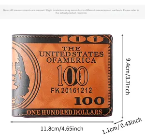 Brown PU leather wallet with 100 dollar pattern showing dimensions 11.8cm x 9.4cm