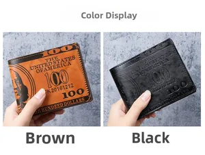 Detail of short bifold PU leather wallets featuring a vintage 100 dollar bill pattern