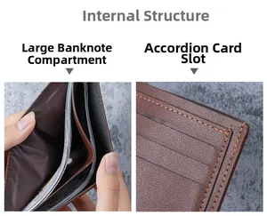 Detail of men's brown leather wallet showing multiple card slots and cash compartment