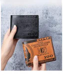 Detail of men's short bi-fold PU leather wallet with realistic 100 dollar bill pattern