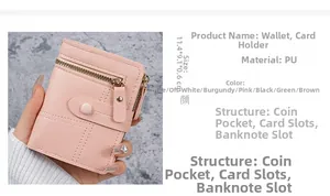 Close-up of pink PU leather wallet measuring 11.4x9.1x0.6cm with zipper pocket