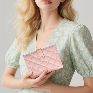 Pink quilted leather passport holder and travel wallet held by model in floral dress