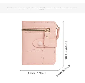 Size dimensions for slim pink women's wallet with gold zipper and button detail