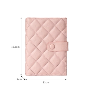 Pink quilted passport holder wallet made of lychee leather with snap closure 15.5cm