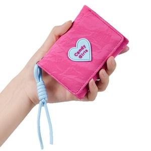 Pink minimalist short wallet for women with heart patch and woven blue wrist strap