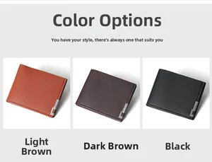 Three men's leather wallets in light coffee, dark coffee, and black with metal edges
