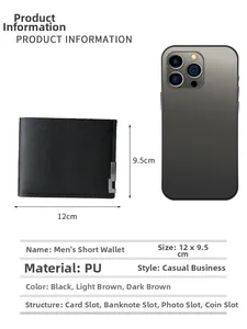 Men's short PU leather wallet shown with a smartphone for size comparison